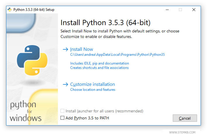a primeira tela da instalação do Python no Windows