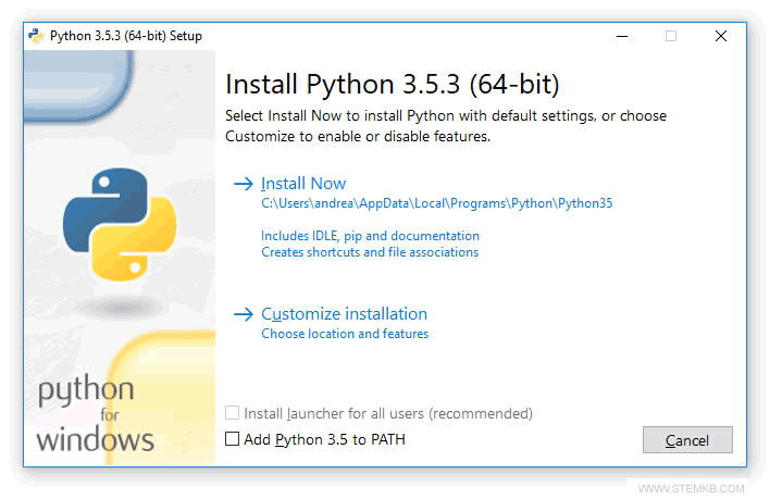 a primeira tela da instala&ccedil;&atilde;o do Python no Windows