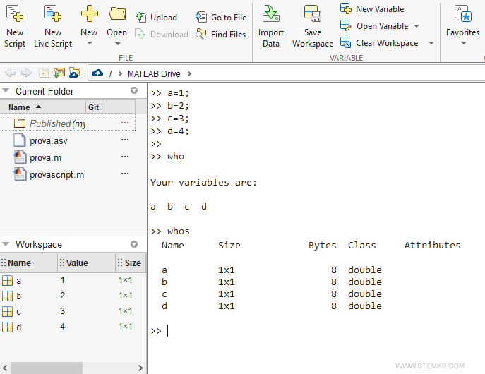 Lista de variáveis no espaço de trabalho.