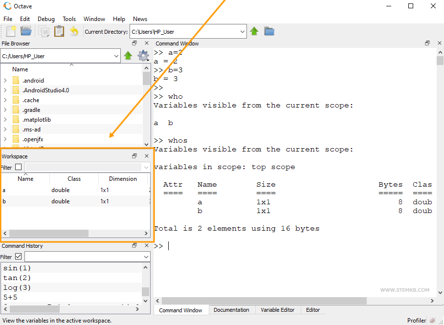Lista de variáveis no espaço de trabalho.
