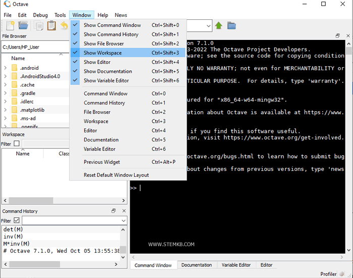 Como exibir as janelas do espa&ccedil;o de trabalho no Octave